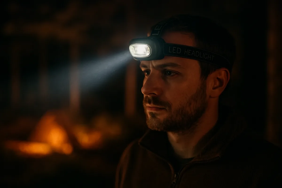 Person using a LumenTrail headlamp hands-free while working outdoors at night
